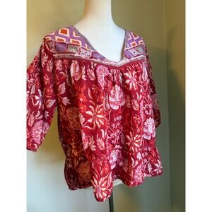 Rachel Zoe Red Floral Boho top Blouse Embroidered M whimsi dainty shirt cottage